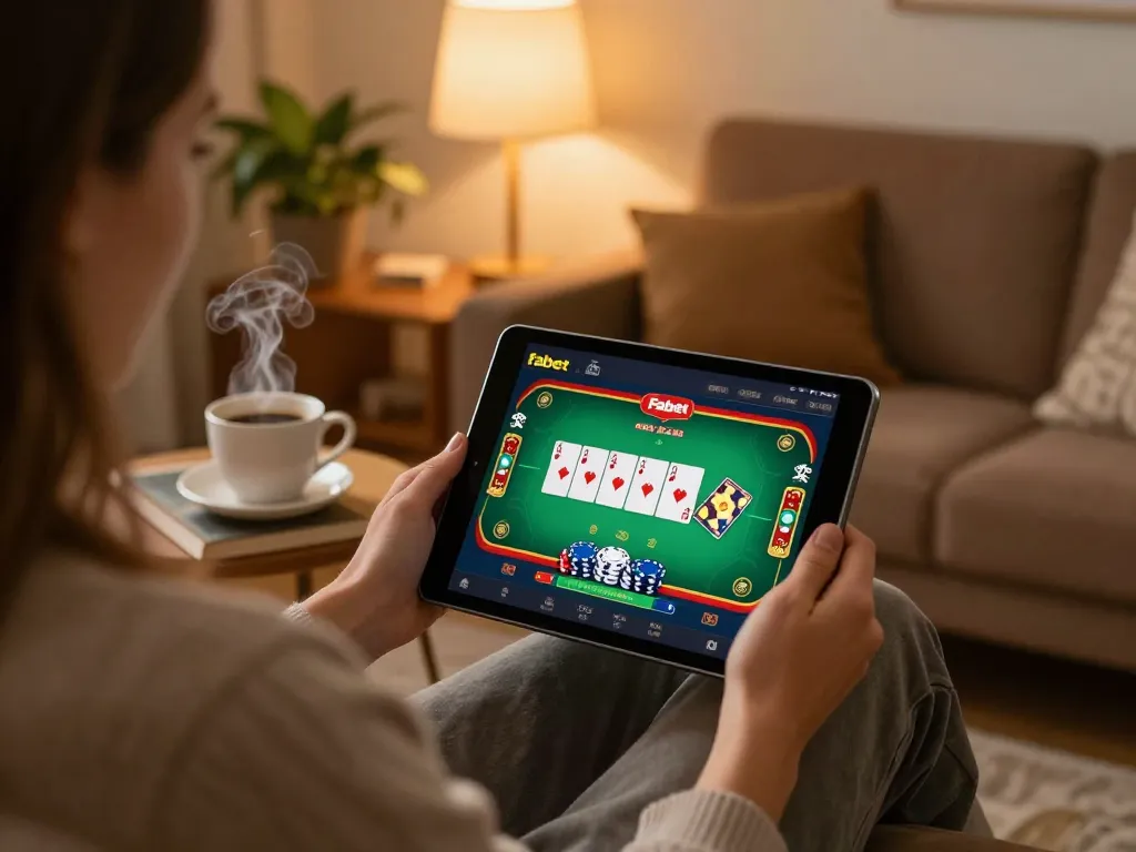 Engaging in a poker game on Fabet's casino app from a cozy home setup with warm lighting
