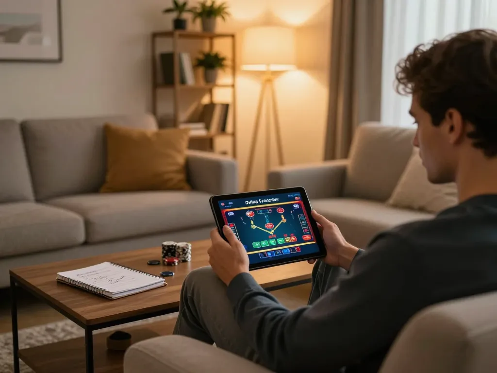 Player enjoying a live poker game on fly88 tablet in a cozy home setting.