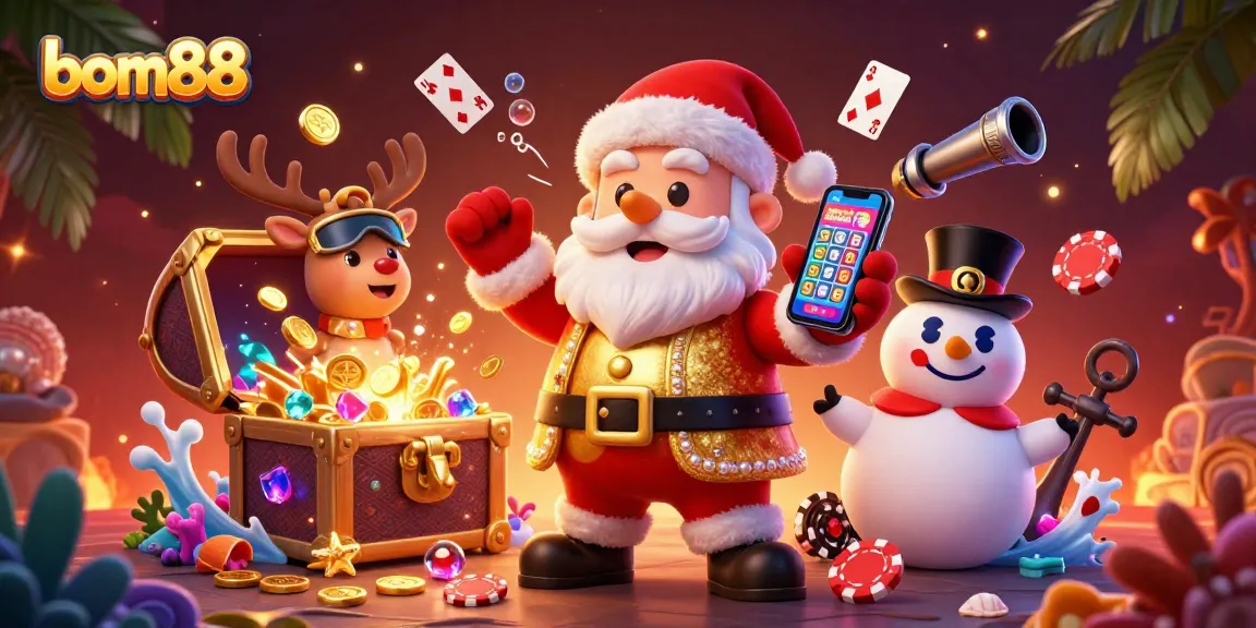 Spin the reels with bom88 at this vibrant casino scene featuring Santa and friends!