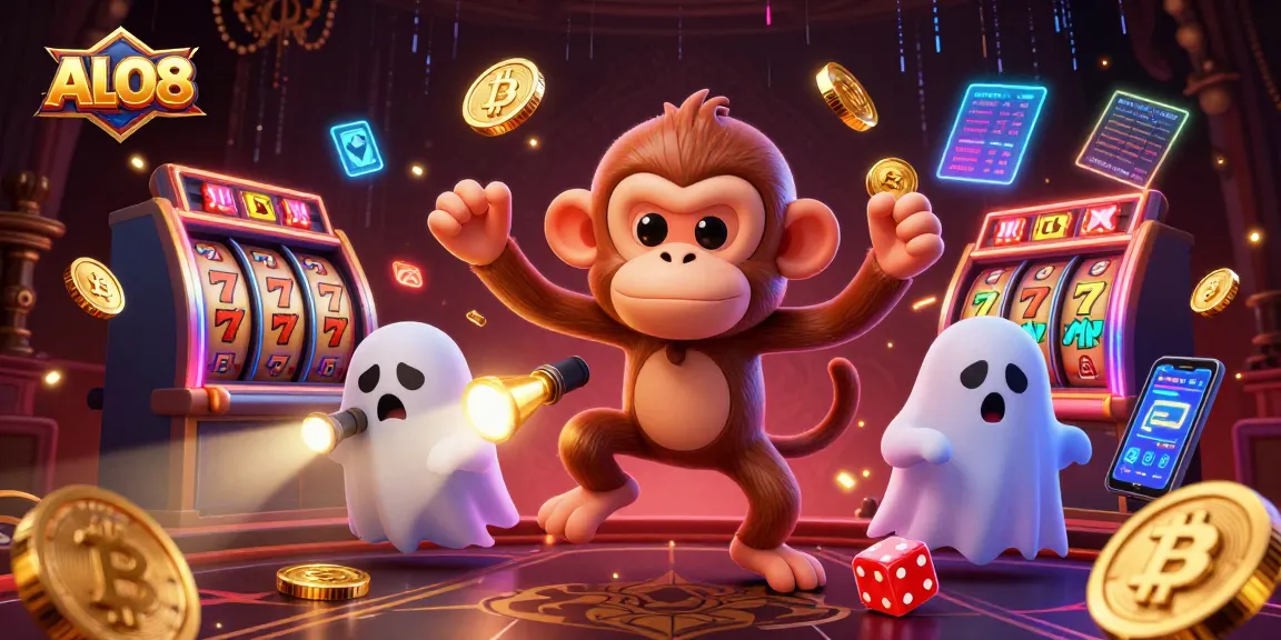 Experience ALO8 with dynamic golden casino elements and a playful ghost-hunting puppy.