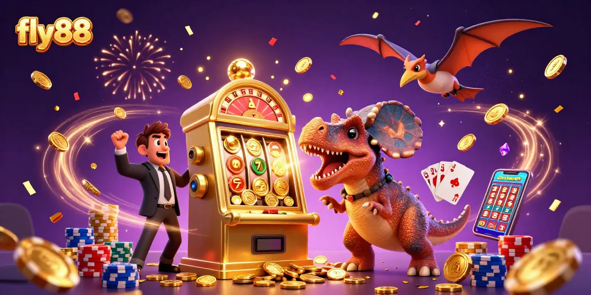 Experience the excitement of fly88 with a dynamic 3D illustration of a dinosaur hitting a jackpot slot machine.