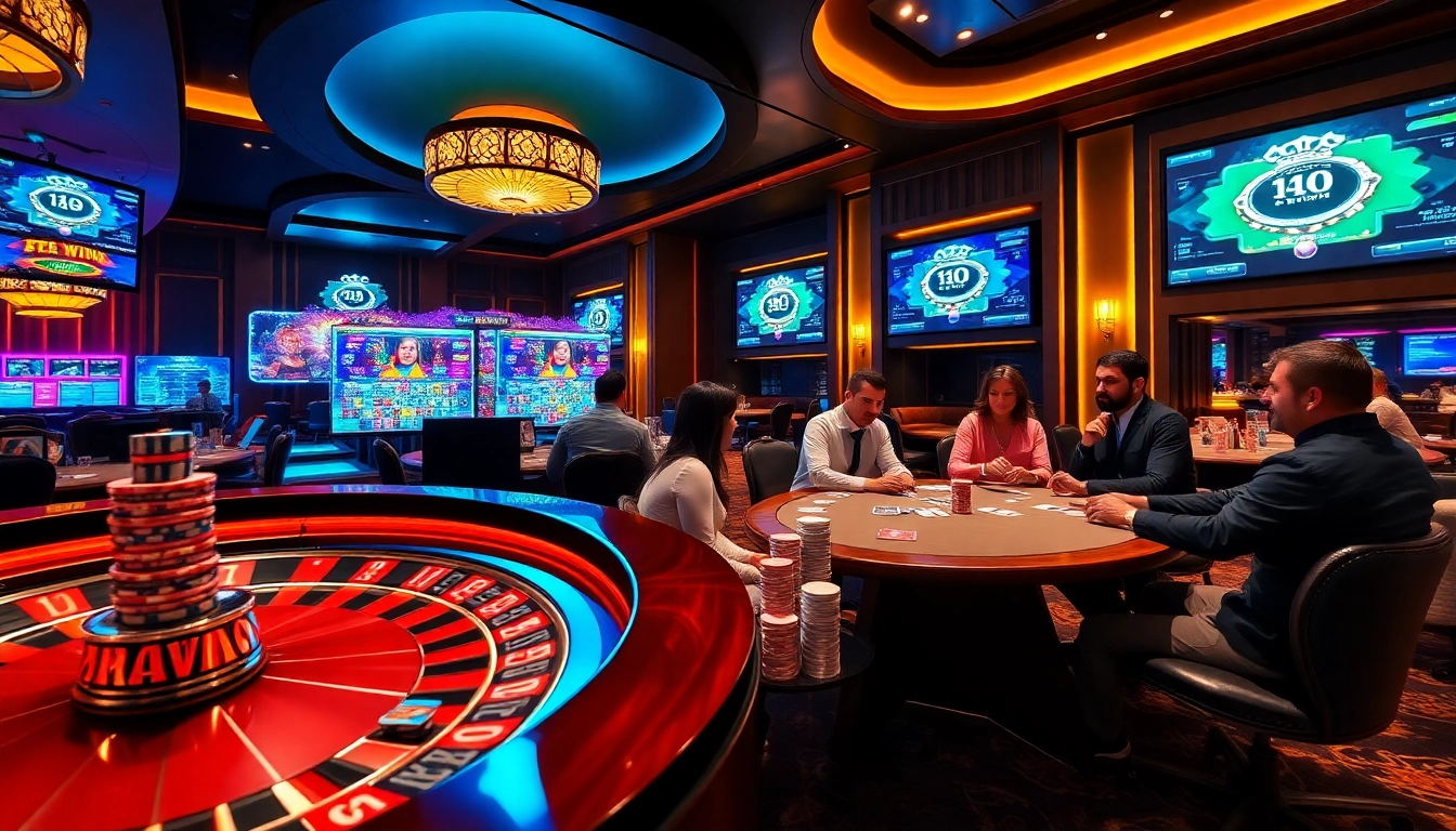 Kkwin online casino featuring vibrant tables, roulette wheel, and engaging players in a luxurious setting.
