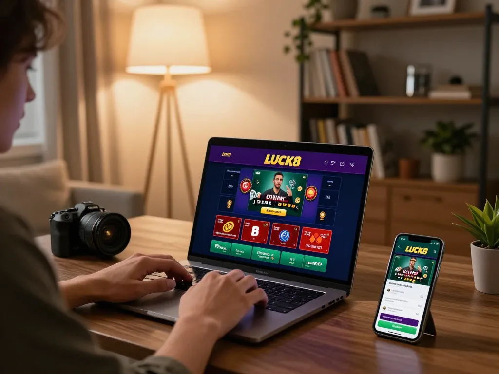 Cảnh chơi game trực tuyến hấp dẫn với giao diện sòng bạc LUCK8 trên laptop, quảng bá cược chiến lược.
