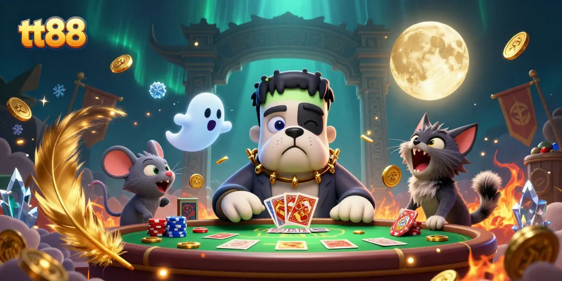 Engage in thrilling gameplay at tt88 with a whimsical 3D illustration of a card-dealing bulldog and ghostly mouse.