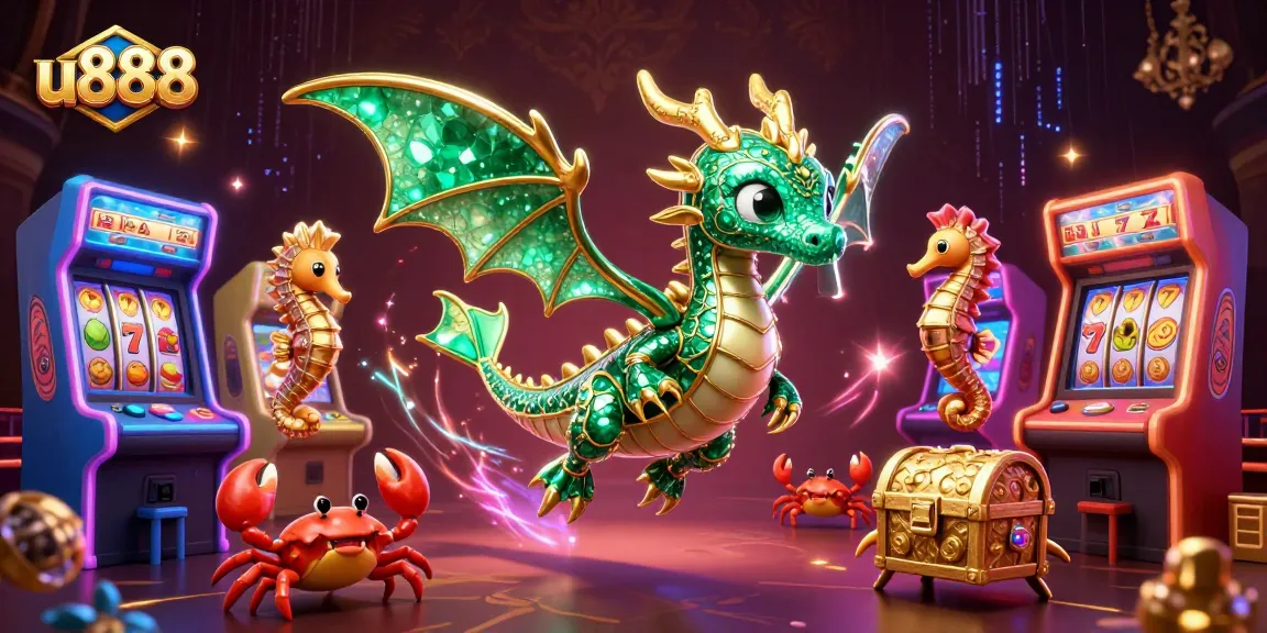 u888 showcases an enchanting sea dragon navigating vibrant casino symbols and treasures.