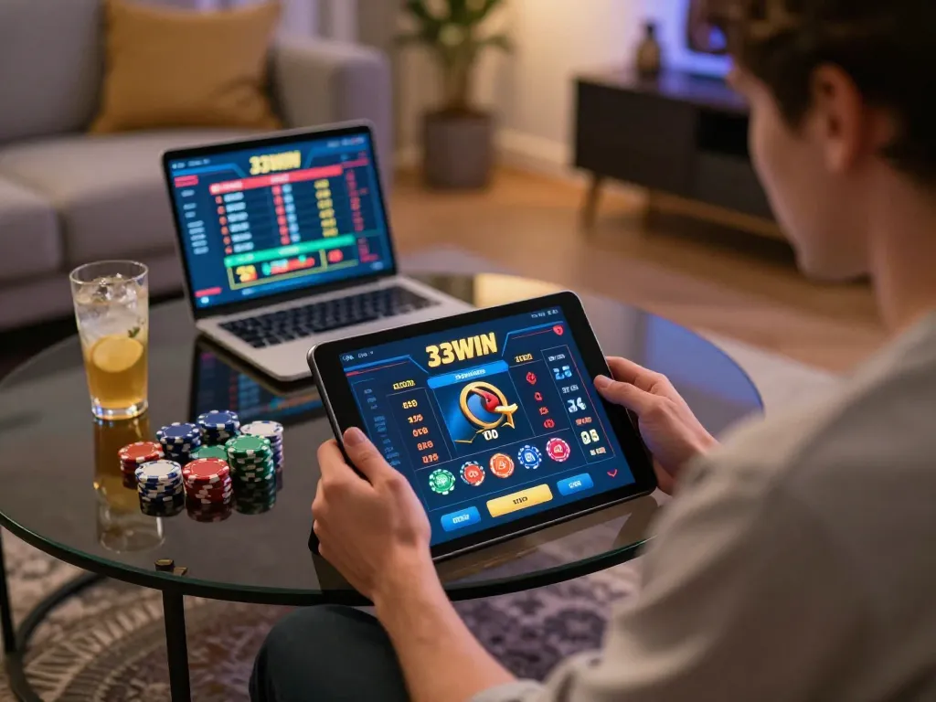 Player enjoying 33WIN casino app on tablet in a cozy living room with chips and strategy notes.