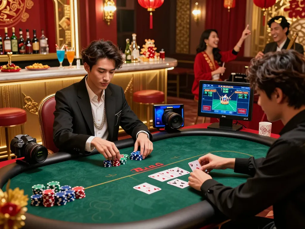 A vibrant and luxurious gaming table at 8kbet during Tet festivities, showcasing festive decor, poker chips, and high-end cards in a rich ambiance.