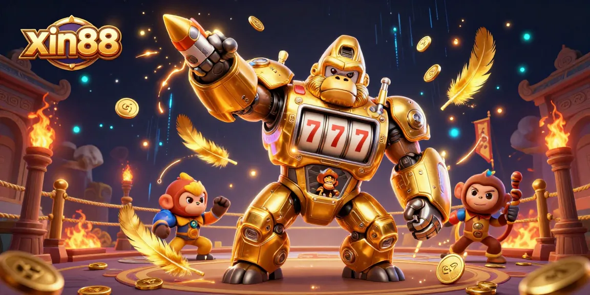 Engage with thrilling xin88 gaming action featuring a dynamic golden gorilla mech in a vibrant casino scene.