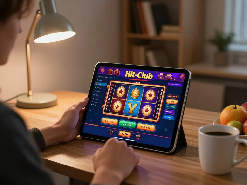 Hit-Club online gaming interface shown on a tablet, engaging user in responsible entertainment.