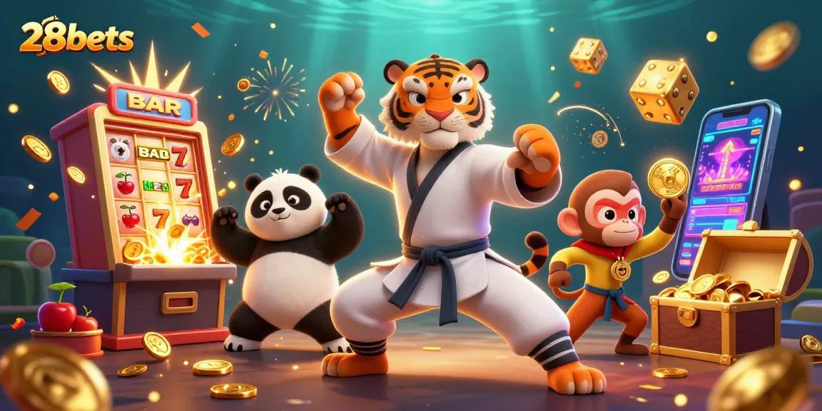 Experience thrilling wins with 28bets in an exciting 3D animated casino scene.