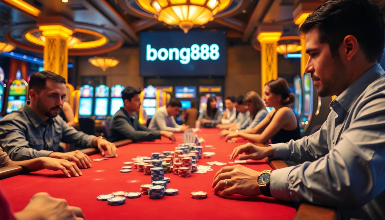 Engaged players at a poker table highlighting link bong88 while betting in a luxurious casino setting.