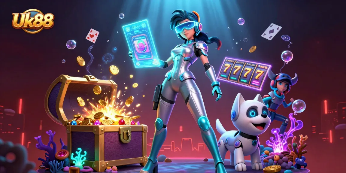 Experience thrilling moments at Uk88 with a stunning futuristic casino scene, showcasing vibrant neon and exciting gameplay.