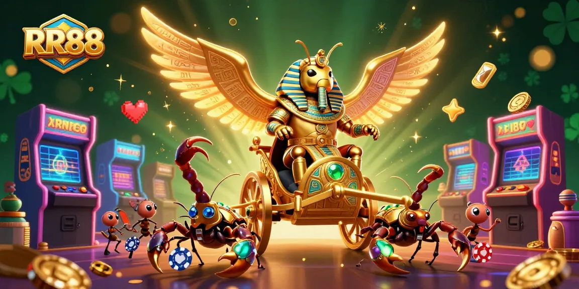 Experience thrilling gameplay at RR88 with a golden scarab beetle leading a spectacular casino chariot.