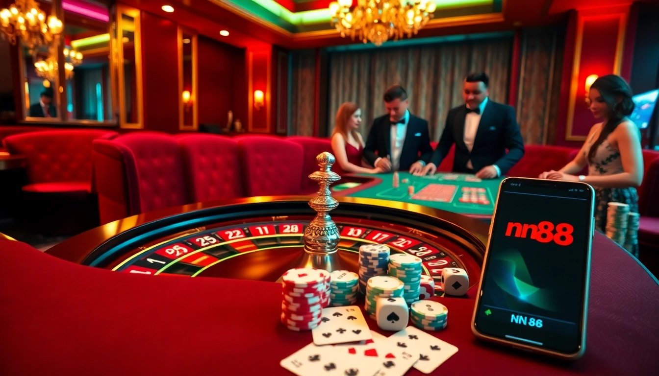 nn88 casino table with roulette wheel and vibrant betting chips, depicting luxury gaming experience