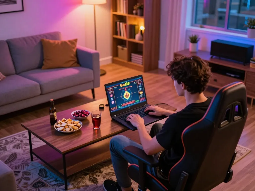 Player enjoying Go88 live dealer games on laptop in a cozy home setting with snacks.