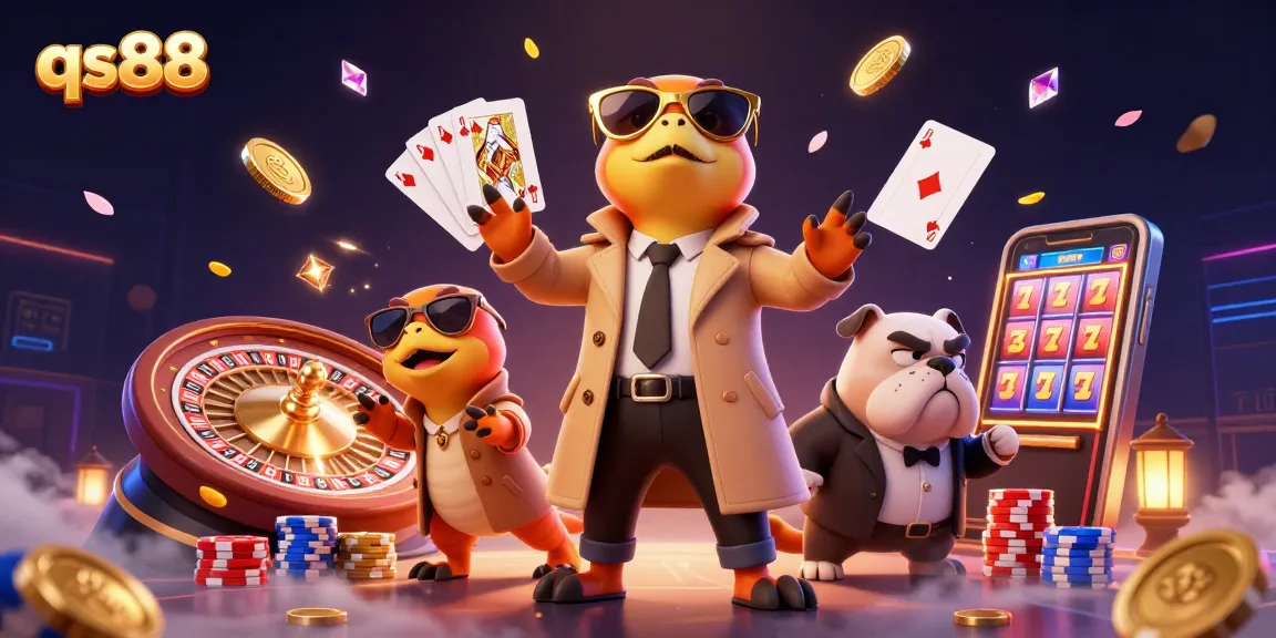Experience the thrill of qs88 with raptors in a trench coat sneaking into a casino, surrounded by golden coins.