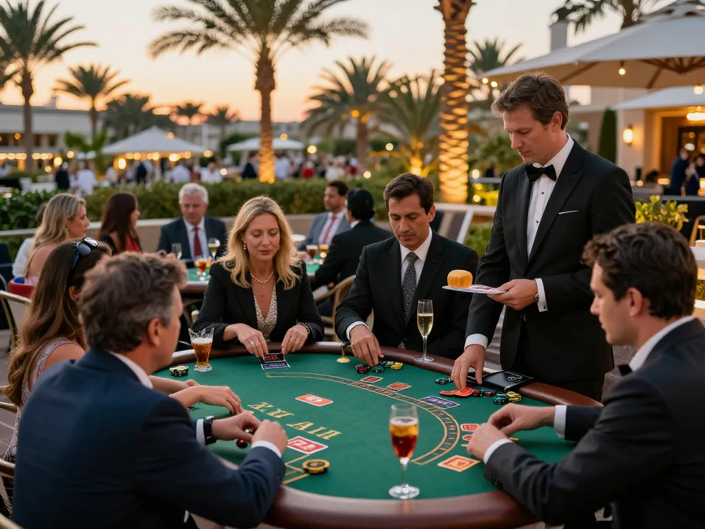 Playing blackjack at the elegant outdoor casino terrace of https://9bet9.in.net, showcasing luxury and strategy.