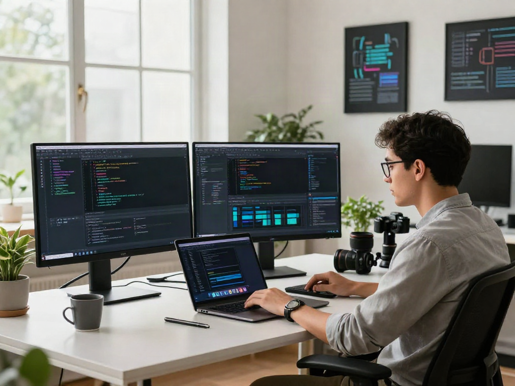 Developer optimizing instant indexing in a modern workspace with tech tools.