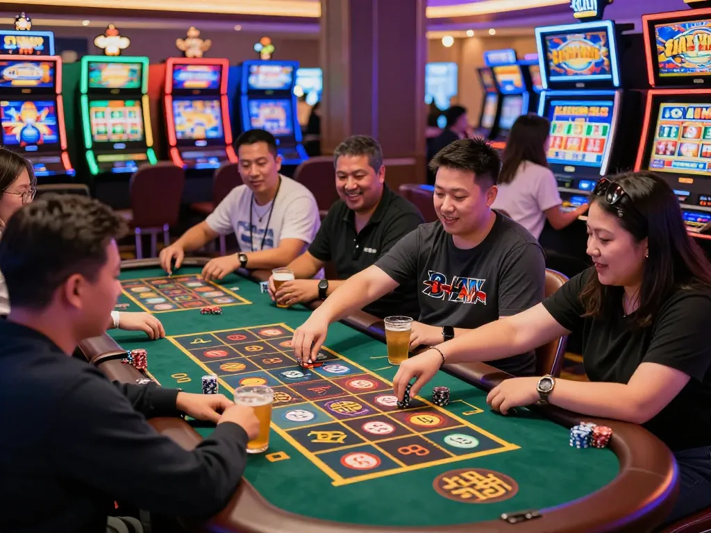 Exciting players at Lucky 88 slot machines in a lively casino, showcasing the thrill of gaming at https://lucky88.foo/ with vibrant lights.