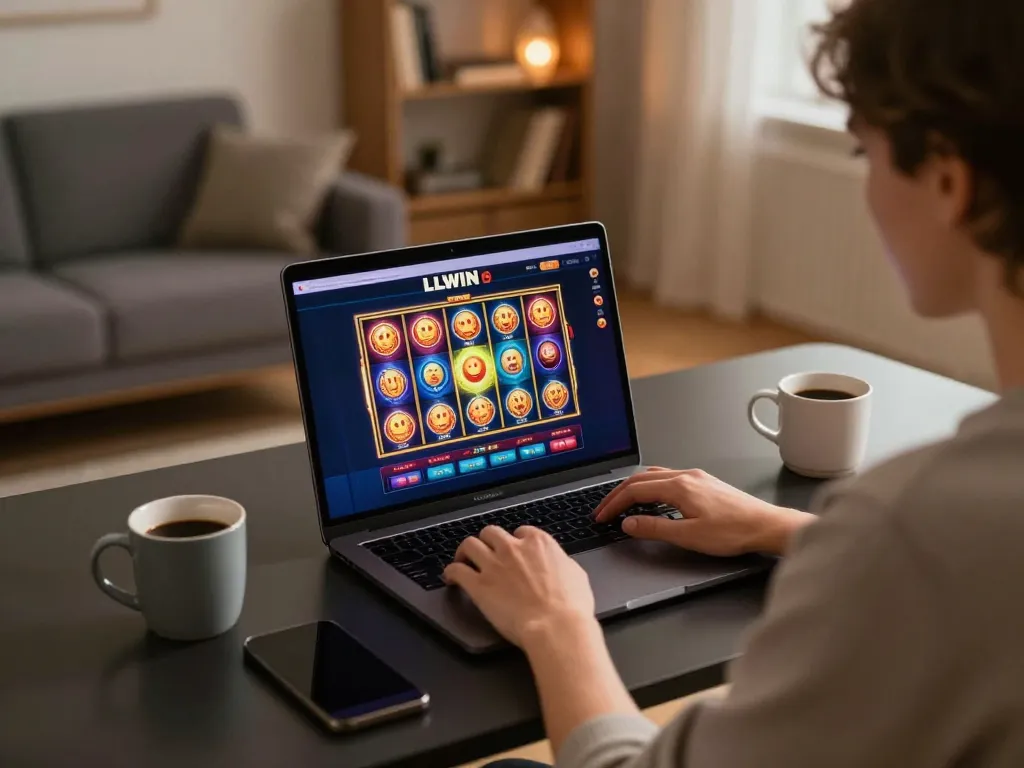 Player enjoying LLWIN's online casino experience with vibrant slot game interface at home.