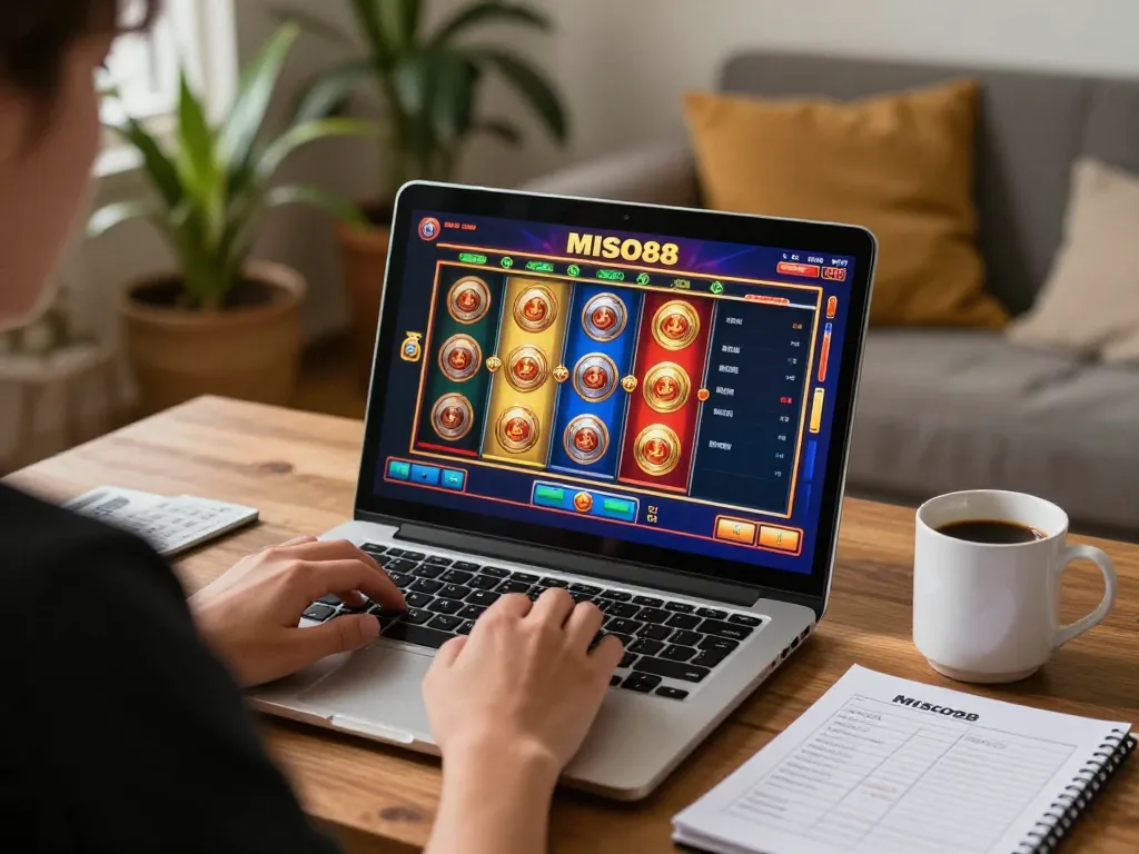 MISO88 player engaged in exciting slot game on laptop at home with coffee