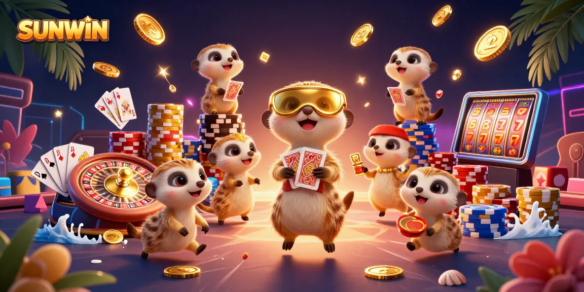 SUNWIN showcases meerkats in a vibrant casino scene with dynamic gaming elements and sparkling treasures.