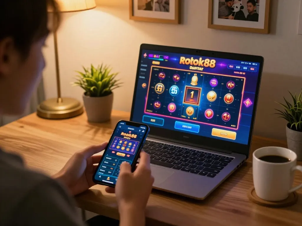 Engaged player exploring rokok88 daftar options on a laptop in a cozy home setup.