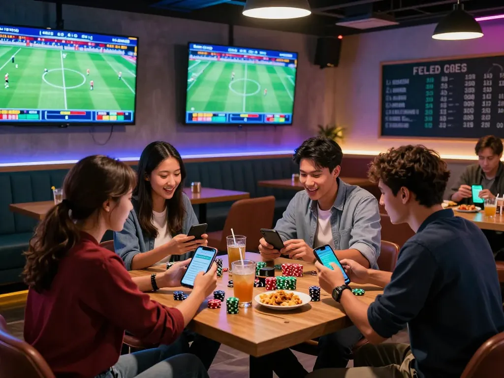 Exciting kèo nhà cái betting scene with friends discussing strategies and live matches in a vibrant lounge.