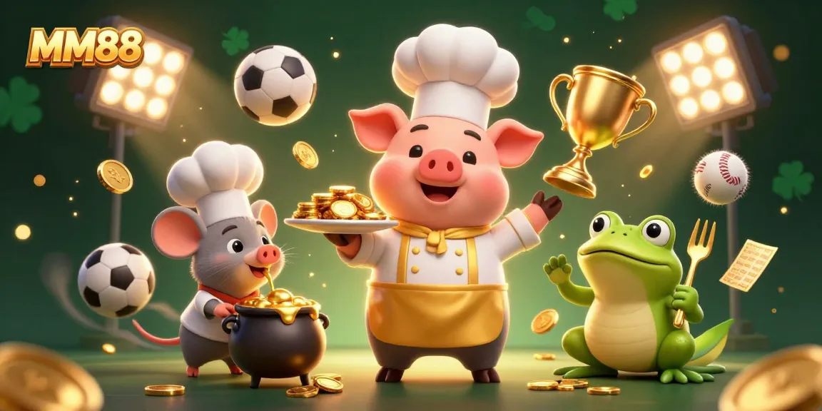 Engage with MM88's thrilling gaming experience featuring a pig chef serving golden coins.
