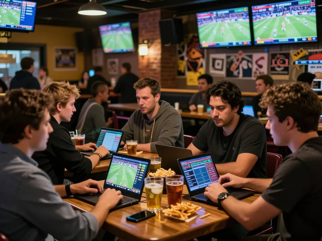 Engaging sports betting scene at Five88, with focused fans eagerly placing bets on their devices amidst thrilling live games.