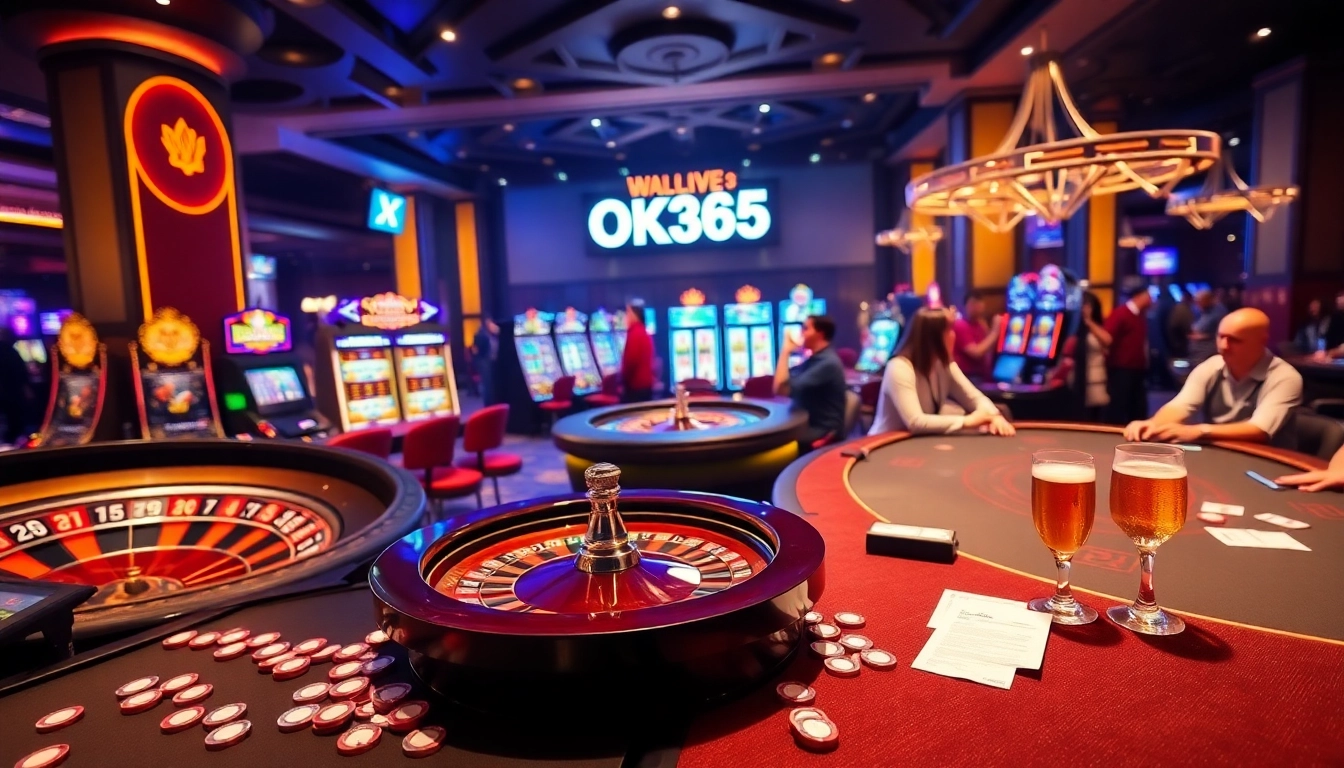 Players celebrating their wins at OK365's vibrant casino, surrounded by roulette and slot games.