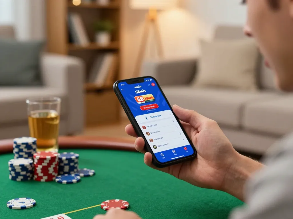 Engaging with the 68win casino app in a cozy living room setting, showcasing online gaming excitement