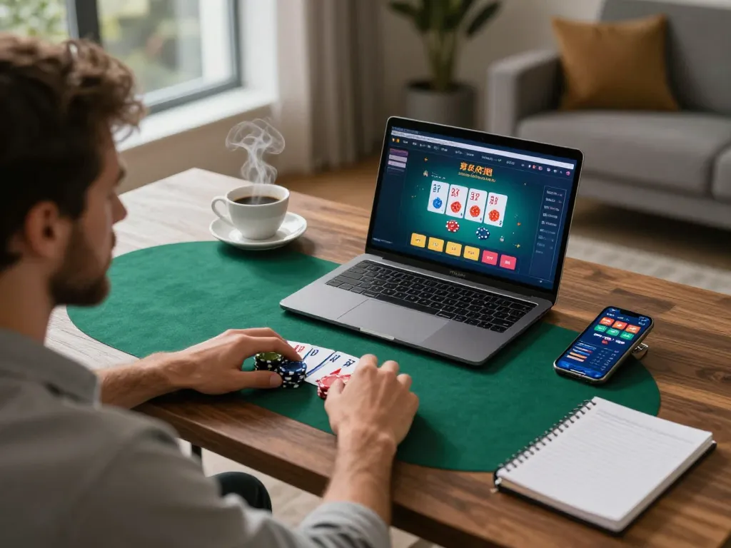 Engaging online poker gameplay on a laptop, showcasing fabet gaming strategies in a cozy home setting.
