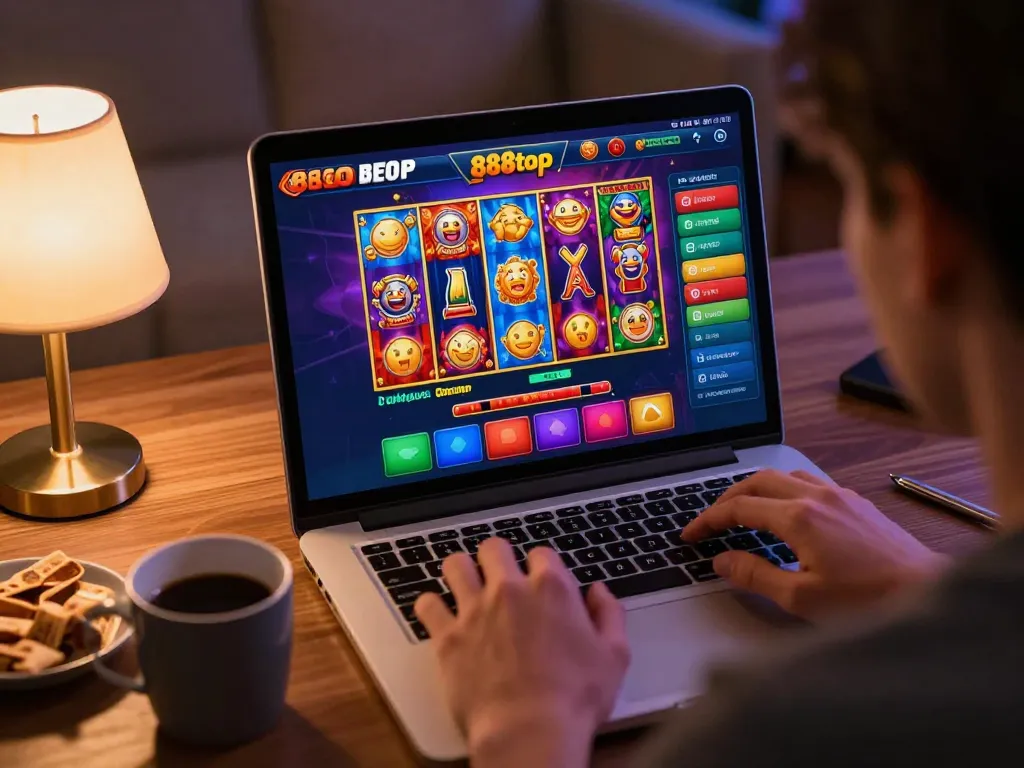 Player navigating the engaging 888top online casino interface with excitement during a home gaming session.