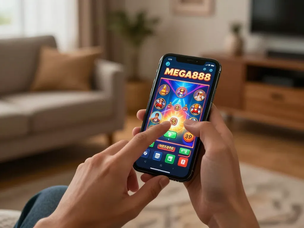 Engaging with MEGA888 casino app on smartphone in cozy home setting promoting responsible gaming.
