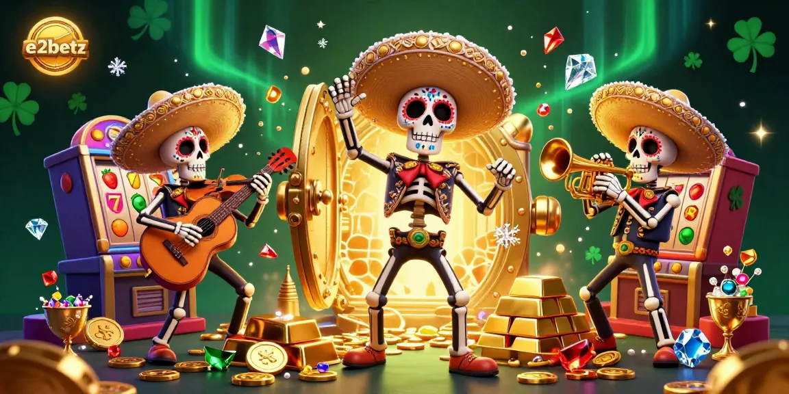 Experience thrilling action with e2betz, as skeleton mariachis play amidst vibrant slot machines and golden treasures.