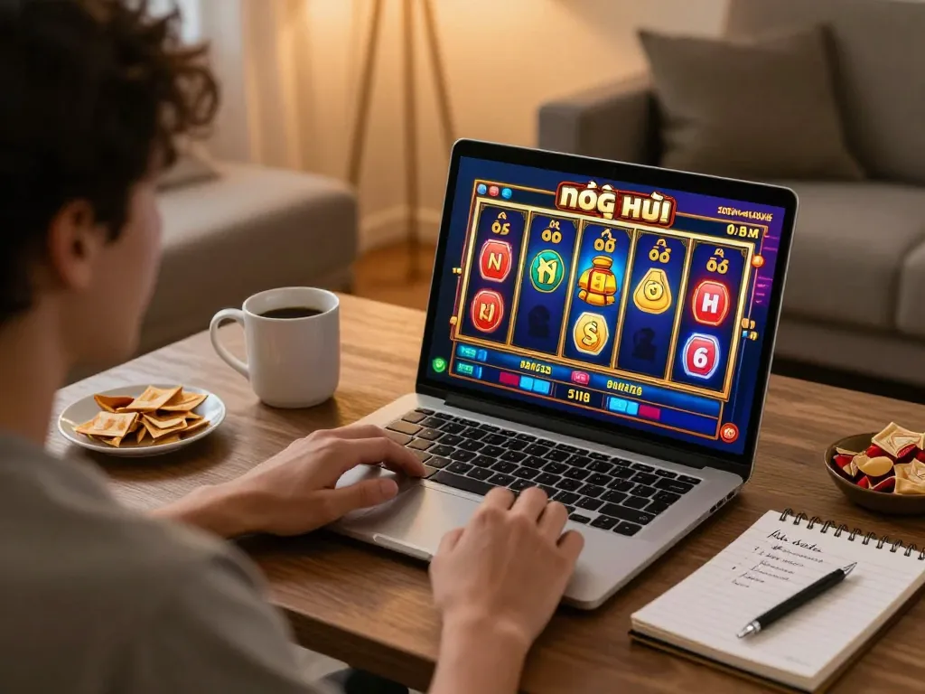 Playing nổ hũ slots on a laptop in a cozy home setup with snacks and strategy notes visible