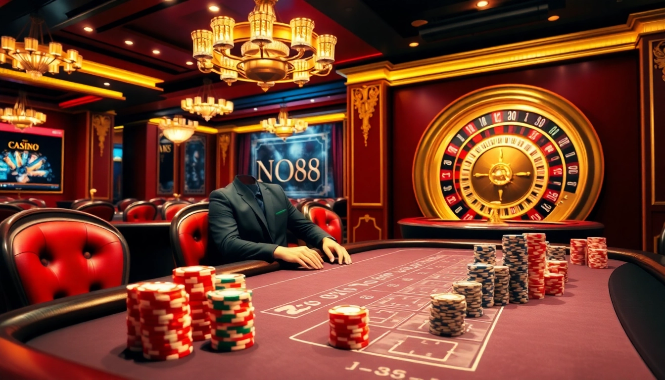 Engaged players at nk88 blackjack table stacked with chips in a vibrant casino scene.