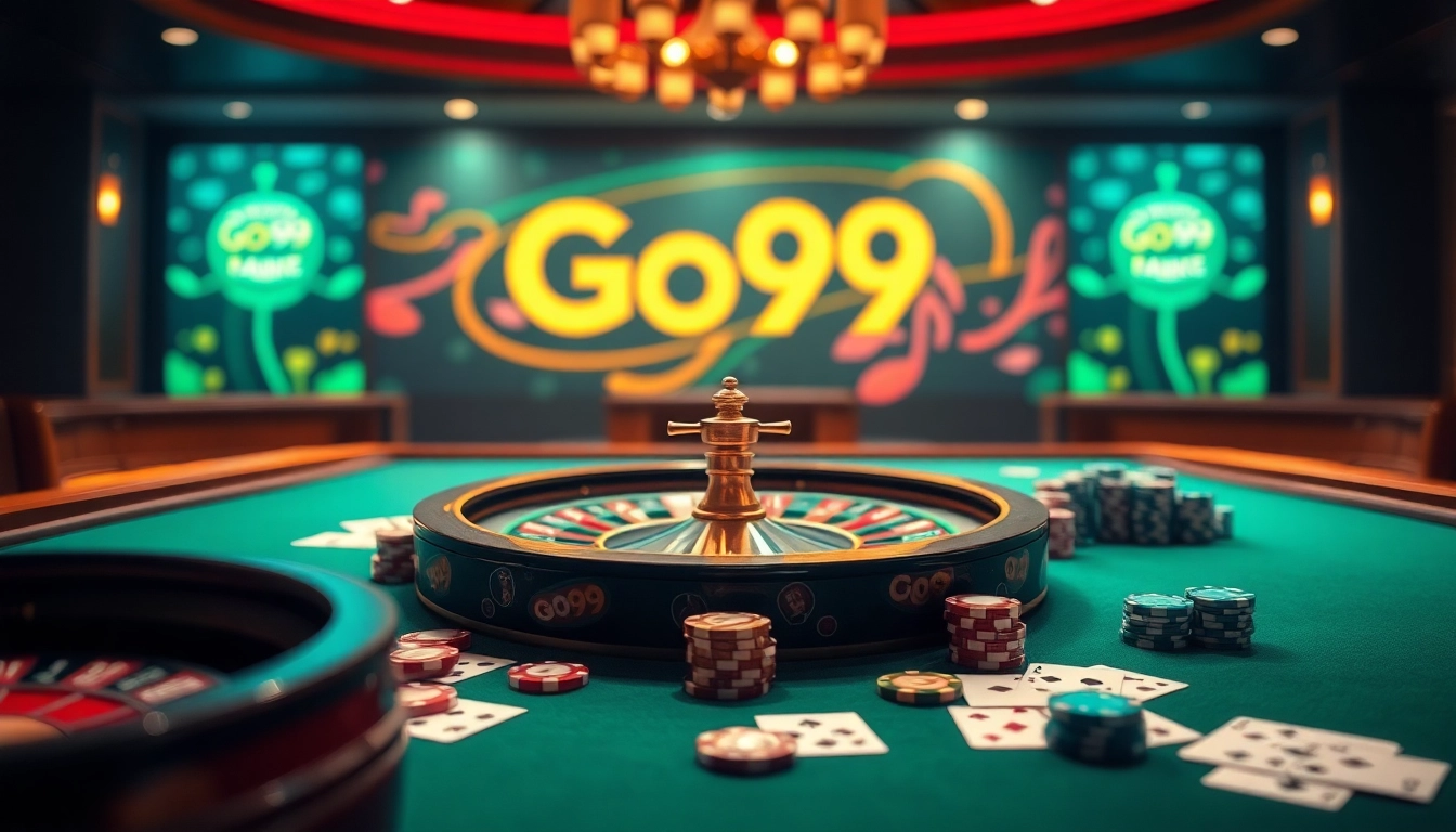 Exciting Go99 online casino scene with poker chips and a roulette wheel for immersive gaming.