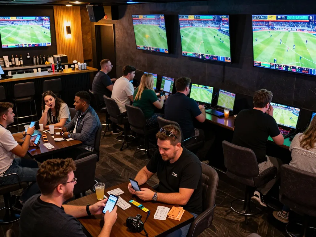 People engaging in sports betting at a vibrant lounge, showcasing Keo nha cai 5 on screens and apps.