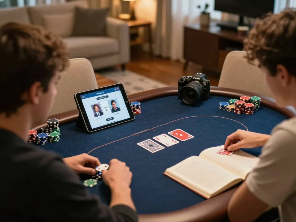 KUWIN players studying strategies while playing online poker in a cozy living room setting