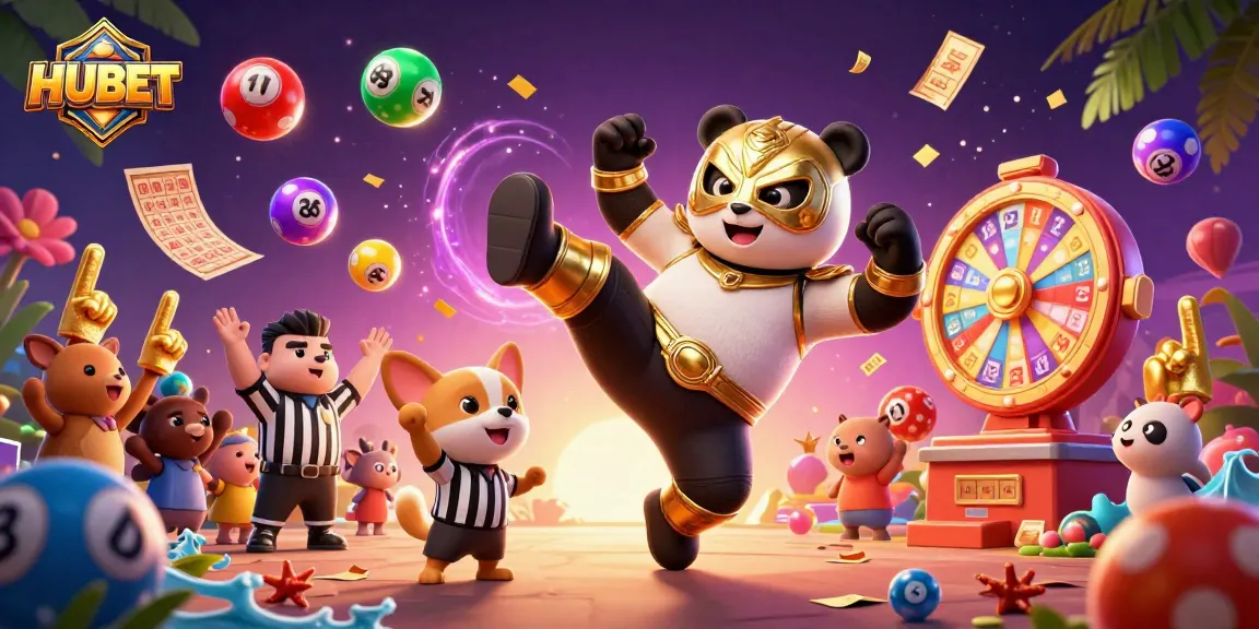 Experience HUBET's thrilling action with a cartoon panda wrestler and vibrant lottery elements.