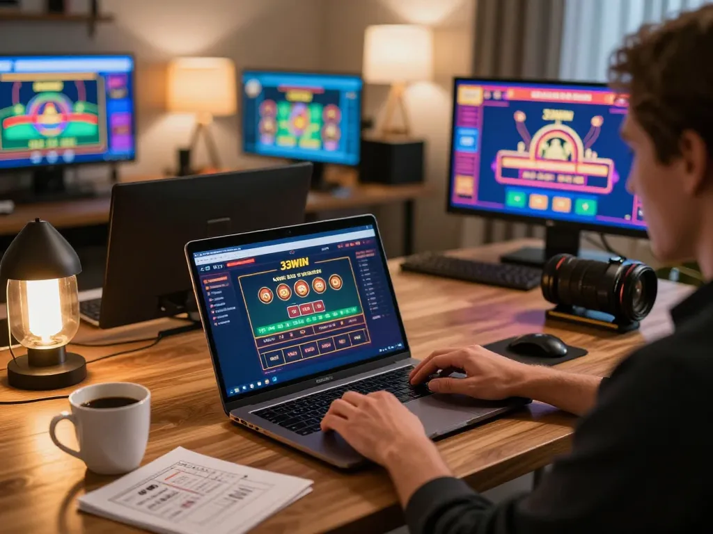 Engaged player exploring 33WIN online casino games on laptop, showcasing strategic gameplay and modern home setup.
