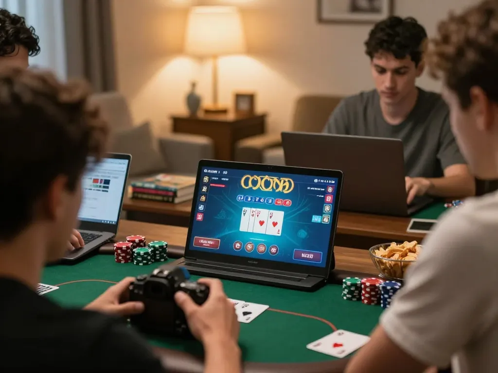 New88 players strategizing in cozy online poker game setup.