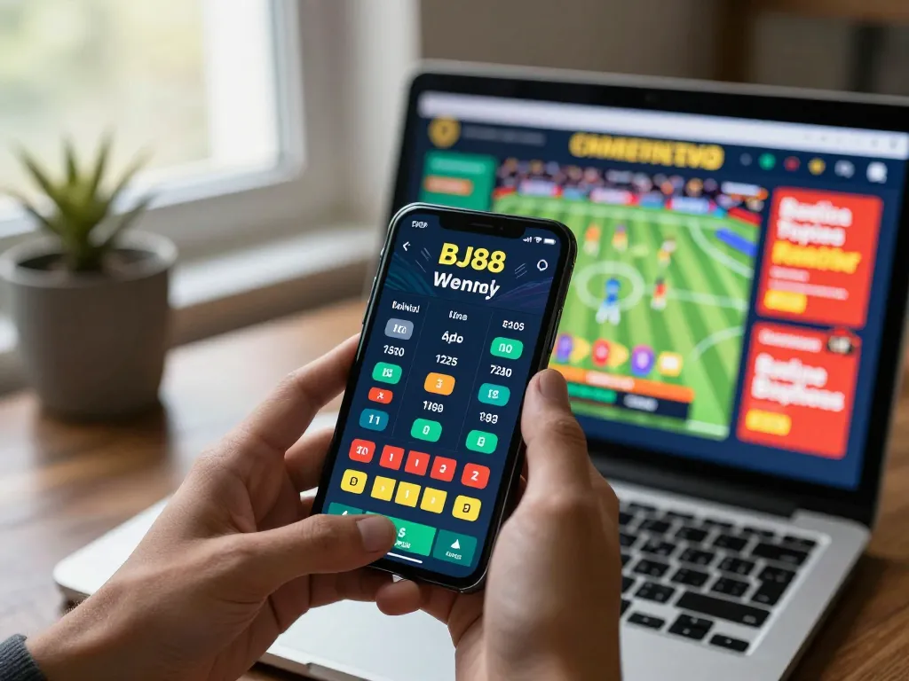 Engaged user placing bets on BJ88 sports app from home with lively event highlights.