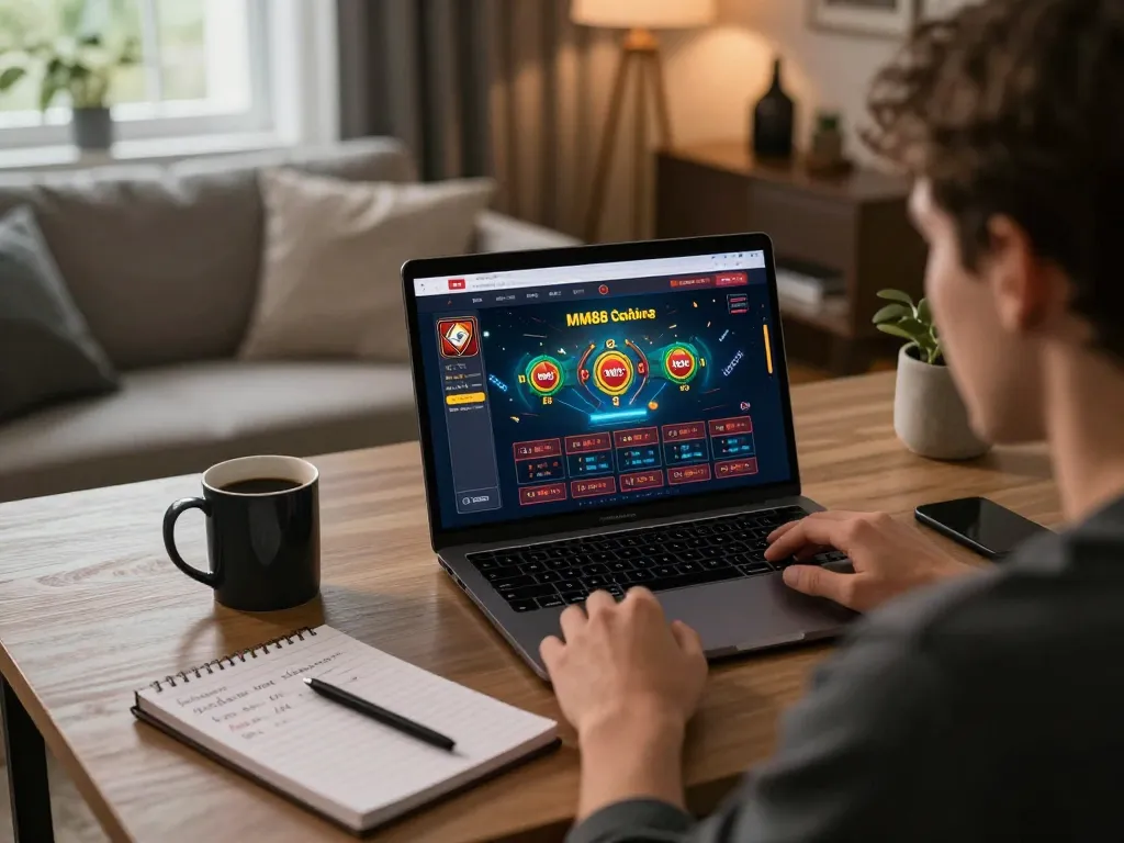 Person strategizing on MM88 online casino while enjoying a coffee at home desk.