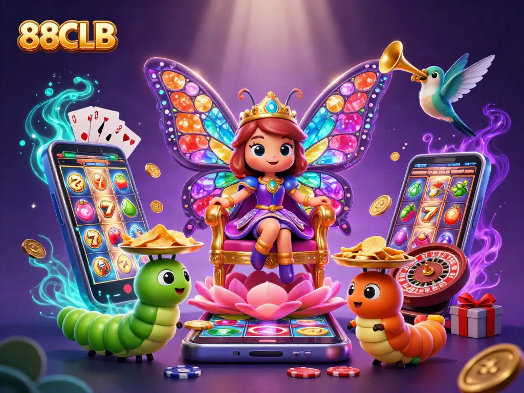 Spin the reels at 88CLB with a colorful slot game scene featuring vibrant characters and casino elements.