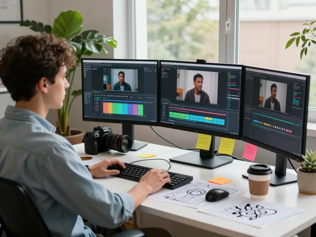 Content creator using seedance 2.0 in a modern tech workspace filled with design tools and inspiration.