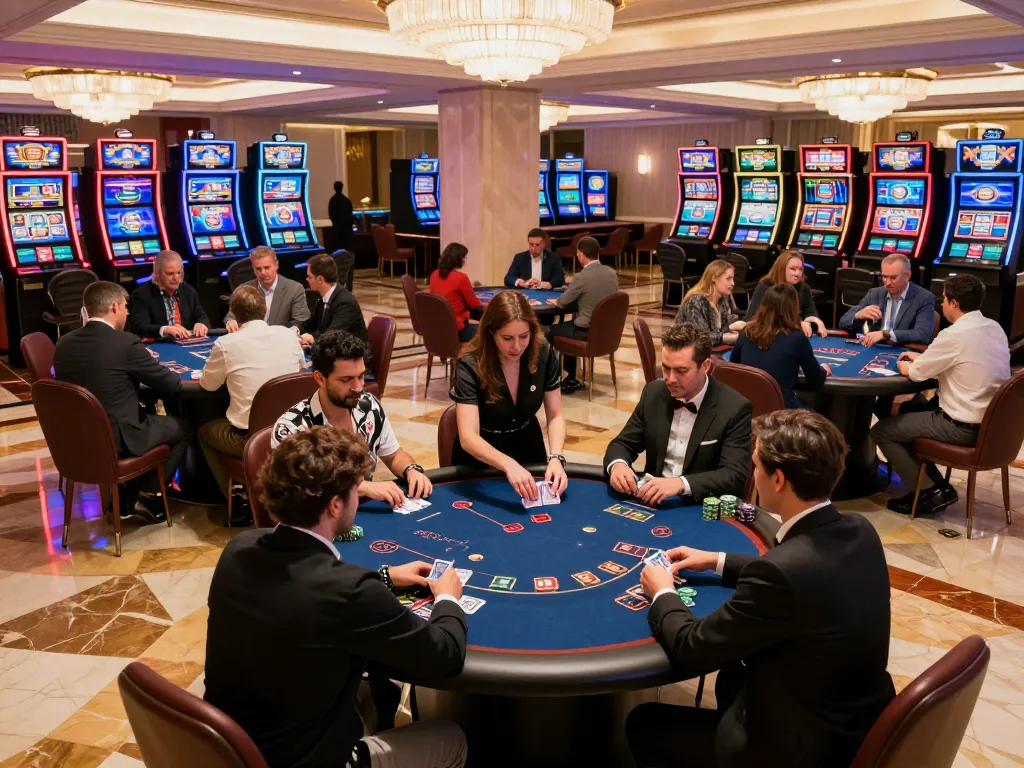 Players enjoy thrilling poker action at 86bet's upscale casino, vibrant atmosphere and engaging gameplay.