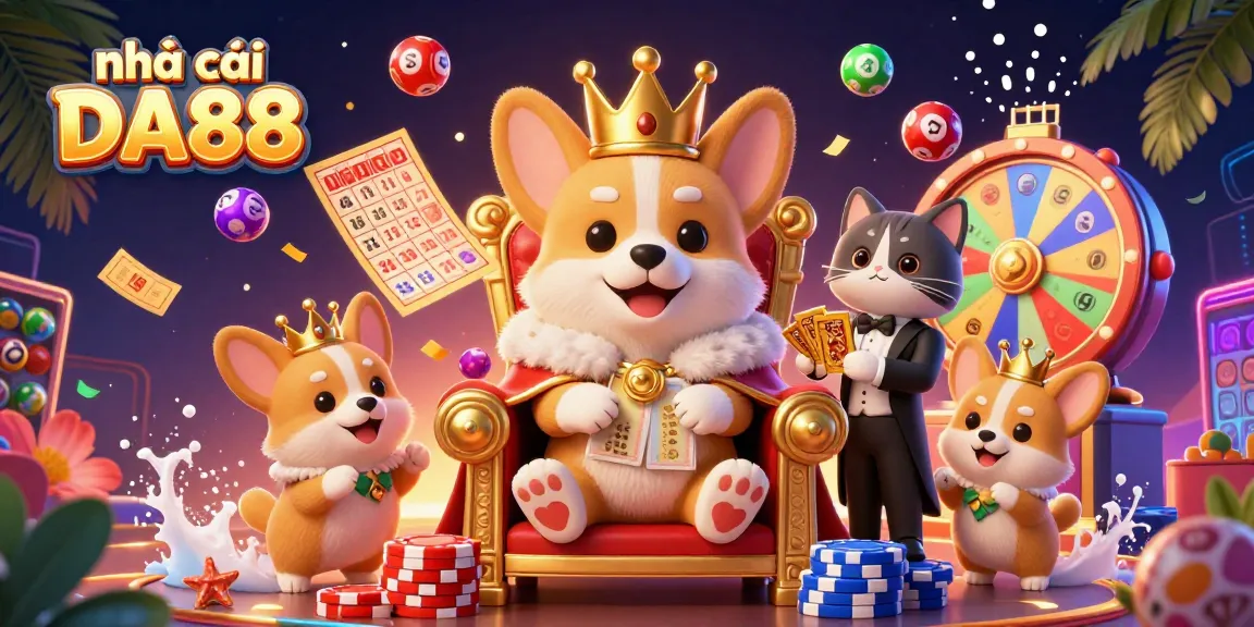 Experience gaming excitement with nhà cái DA88's vibrant scene filled with dynamic lottery elements and royal characters.